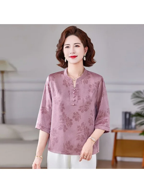

Fashionable Printed Loose Base Shirt for Middle-Aged Women Summer New Style Slimming Mom Clothes Small Top Breathable Polyester