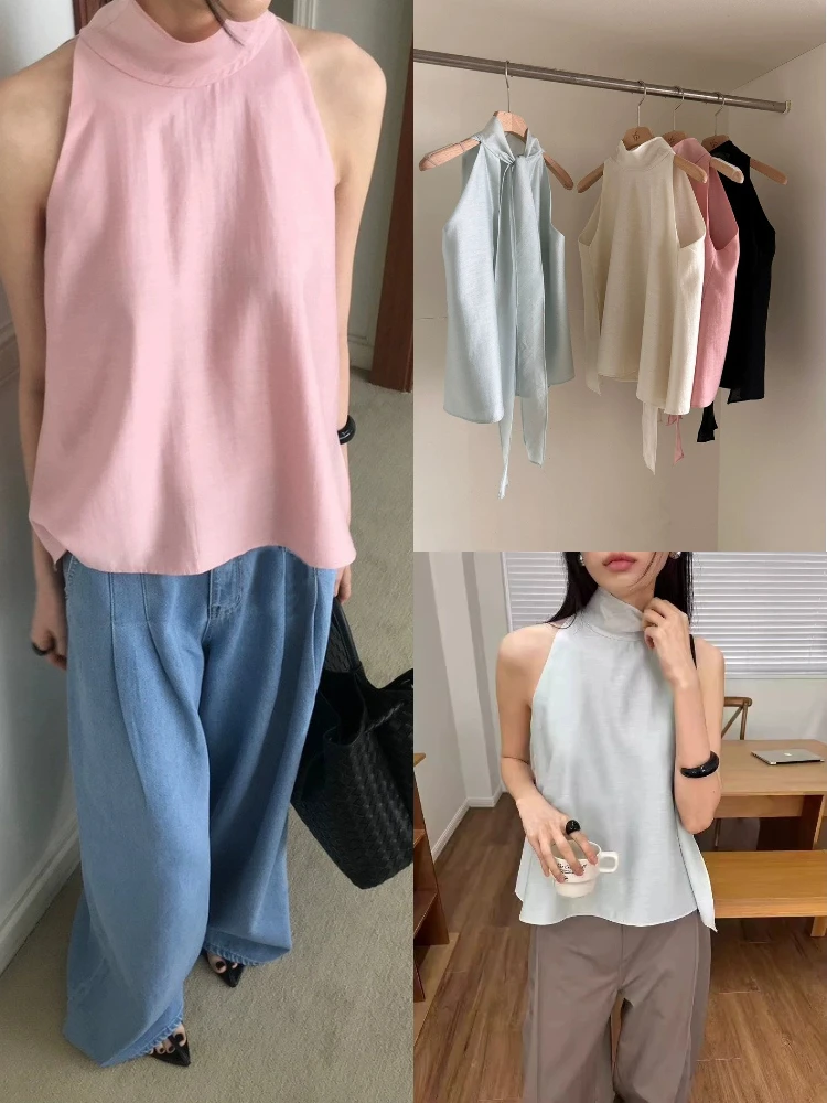 

High Collar Svel Ne Hanging Vest Simple Outerwear Base irt Women's Casual Ciwalk Summer Pure Color