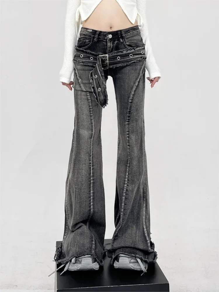 Jean Vintage Y2k délavé noir Micro évasé pour fille, pantalon Harajuku des années 2000, esthétique Grunge Punk, taille basse