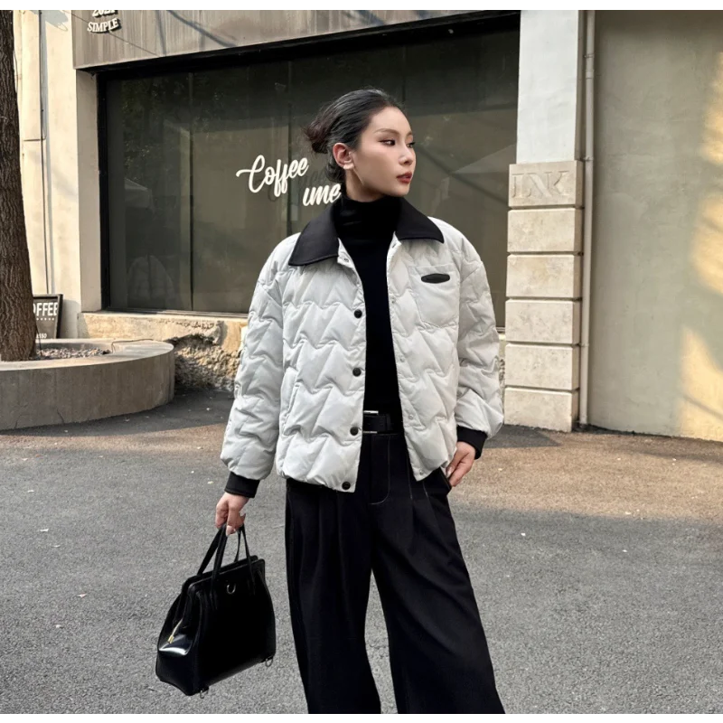 المرأة قصيرة أسفل سترة 2025 شتاء جديد وصول رفرف طوق المألوف عادية فضفاضة تناسب معطف دافئ العصرية #4