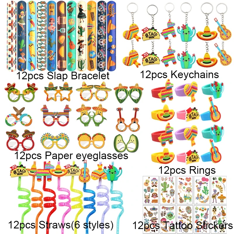 72pcs Fiesta Party Favors Mexican Eyeglasses Keychains Straws  Goodies Bag Stuffers Cinco De Mayo Theme Birthday Party Supplies