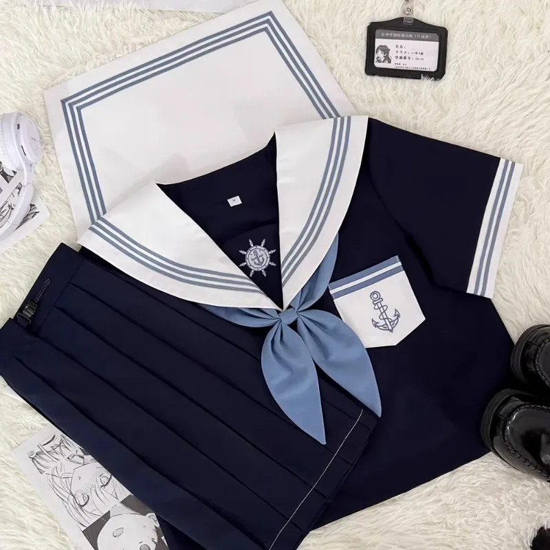 2024 New Japanese JK Uniform Sailor Collar Suit Preppy Style Summer Cute Dark Blue Long And Short Sleeve Top Skirt Bow Set Girls