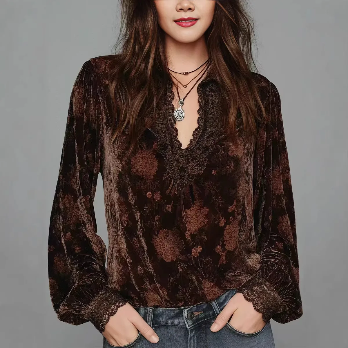 

Velvet Gothic Lace T shirt for Women's Sexy V-neck Vintage Casual Lantern Sleeve Spring Autumn Tee Top Blouse for Women 2026