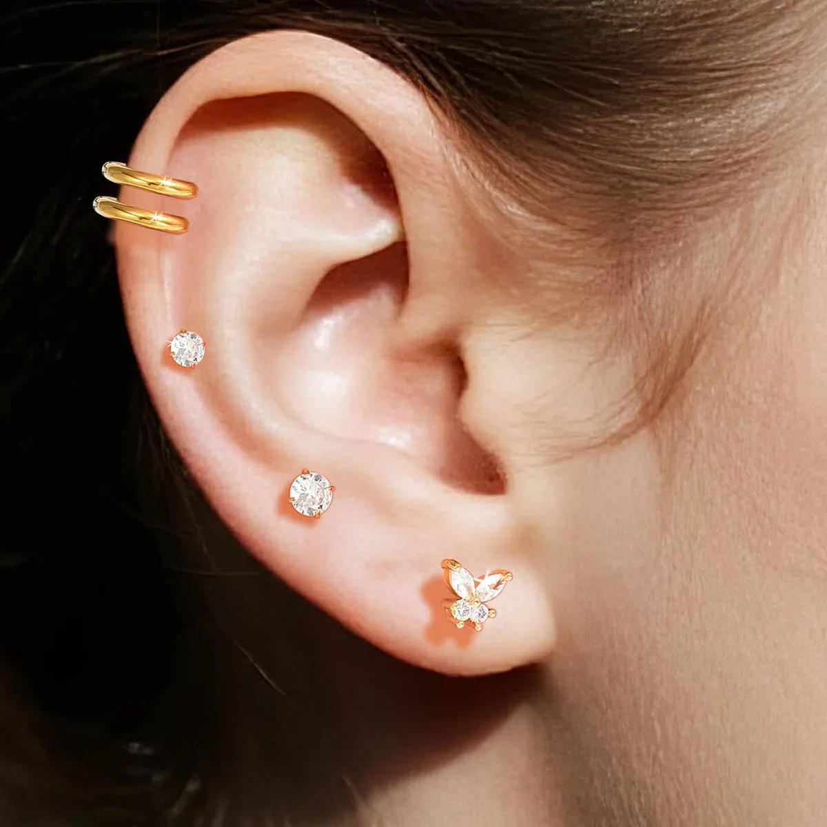 5-Piece 18G Fine CZ Stud Earrings Collection, Mini Butterfly Closure Round Earrings, Unisex Versatile Daily Jewelry Set