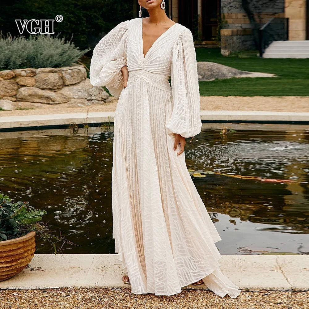 

VGH Bohemian Solid Loose Long Dresses for Women V Neck Long Sleeve High Waist Spliced Folds Casual Dress Female Fashion Style