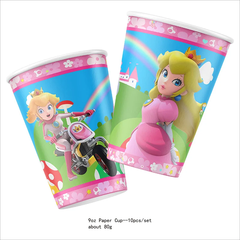 Super Mario Bros-Princess Peach Disposable Party Tableware Pink Paper Cup Plate Plastic Knife and Fork Tablecloth Decor Supplies