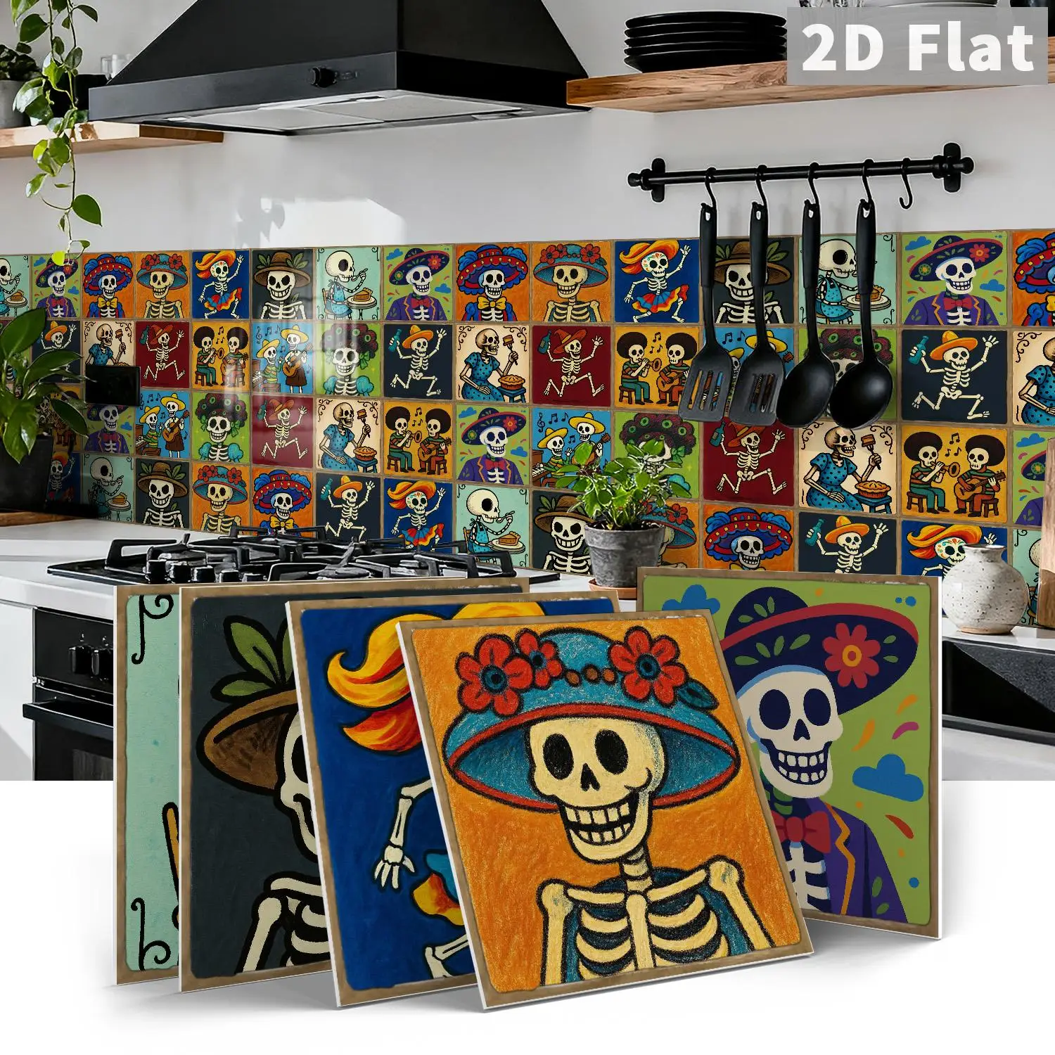 5.9 Inch Mexican Skull Square Wall Decal Peel & Stick Art Sticker for Kitchen Backsplash