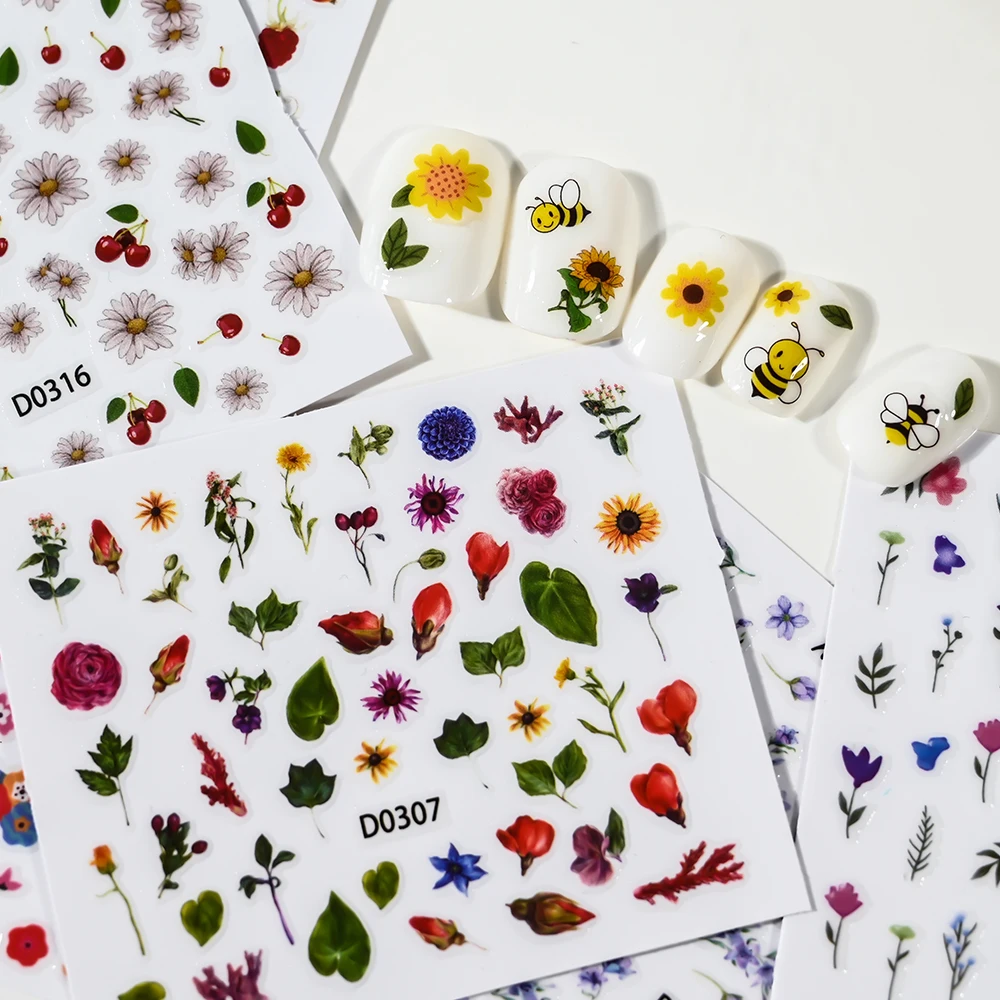 30pcs 3D Exquisite Sunflower/Butterfly/Daisy Nail Art Stickers #6*5cm Self Adhesive Spring Flower Design DIY Manicure Nail Decal