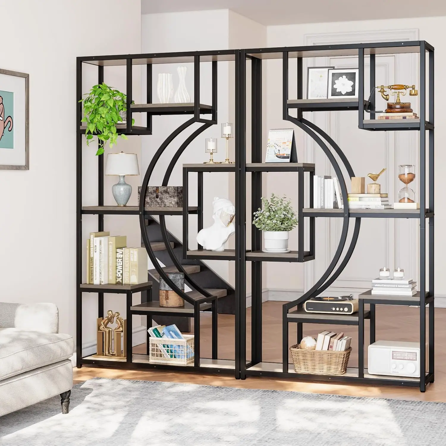 70.8 in Tall Book Shelf for Living Room, Set of 2 Display Shelves with 18 Open Storage Shelves, 79 in Wide Etagere Bookcase