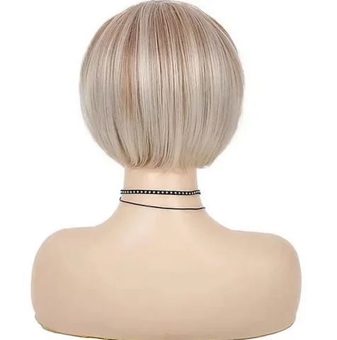 Natural Looking Blonde Wig with Bangs Short Straight Bob Wigs for Women 10 Inch Synthetic Hair Replacement Wigs