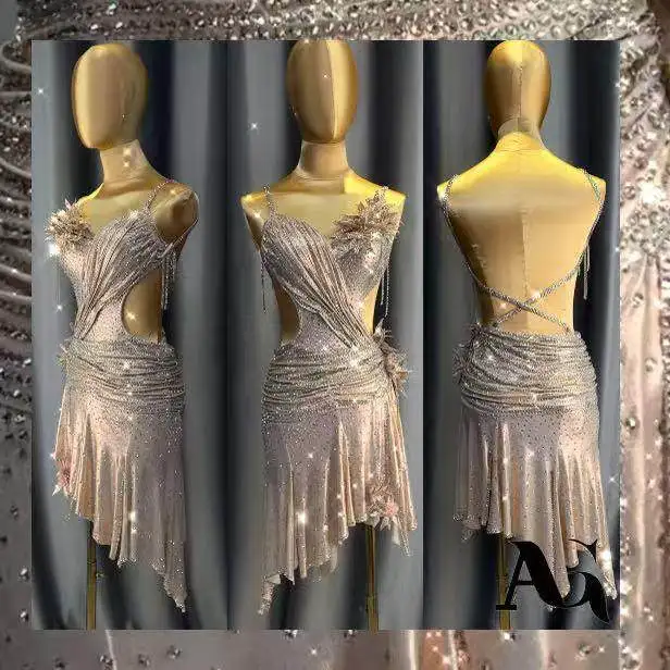 라틴 댄스 AB 스톤 여성 성인 어린이 고급 맞춤형 진주 누드 파우더 플리츠 스커트 블랙 풀 삼바 공연 드레스