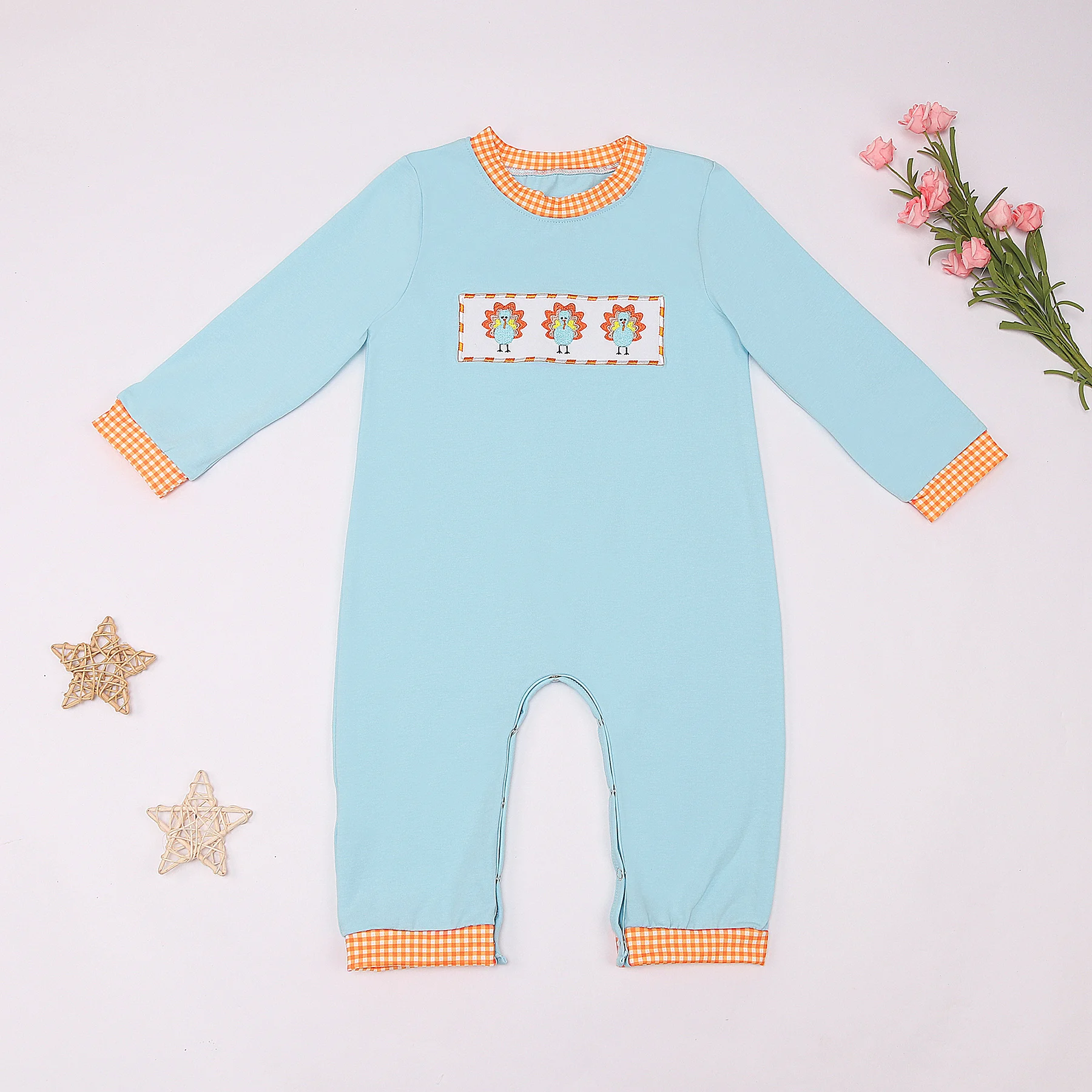 

2023 New Turkey Embroidery Romper Baby Girl Clothes Kid Boutique Orange One Piece Cotton Solid Round Neck Bubble