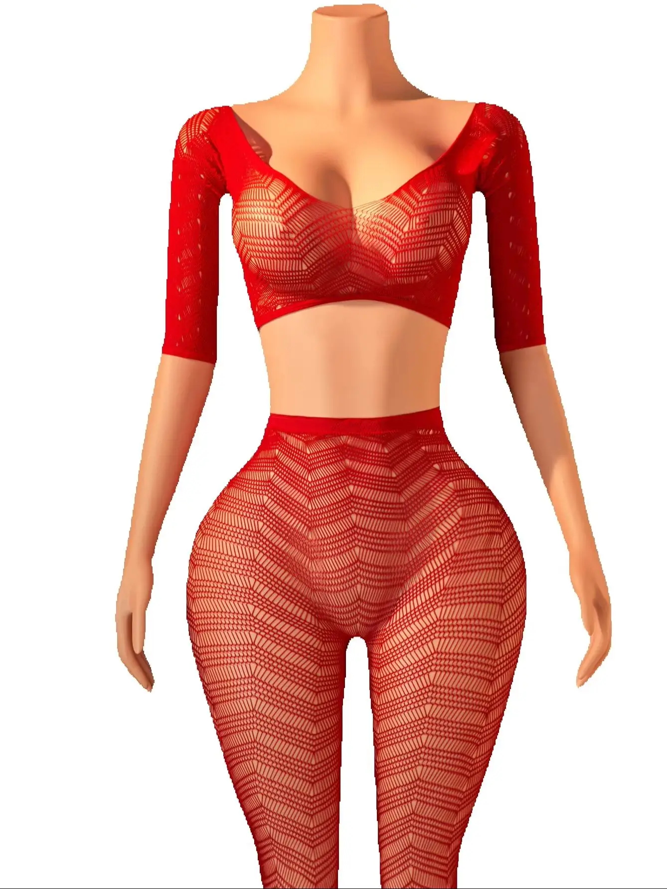 FHSEER Women's Sexy Stripe See Through Mesh Lingerie Set Deep Neck Short Sleeve Crop Top & Slim Fit Pantyhose Club Party Outfit