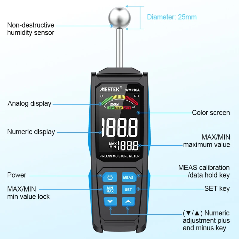 WM710A مقياس مسبار الكرة Mositure ، مبنى خرساني من الخشب المقوى ، اختبار كاشف الرطوبة