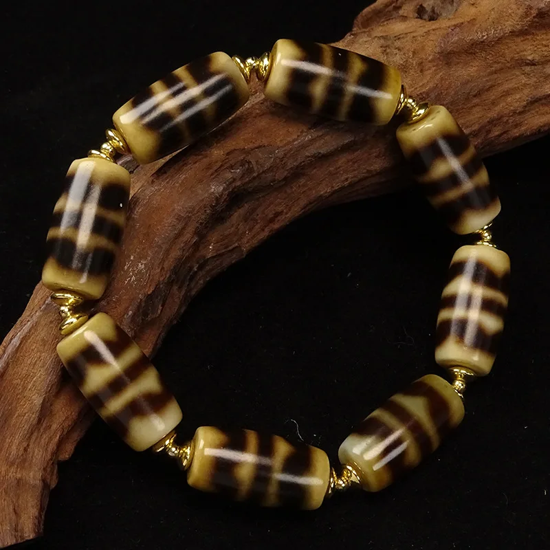 Black Gold Yellow Natural Tibetan Old Mine Agate Double Tiger Tooth Five Three Eyes Dzi Loose Beads 1