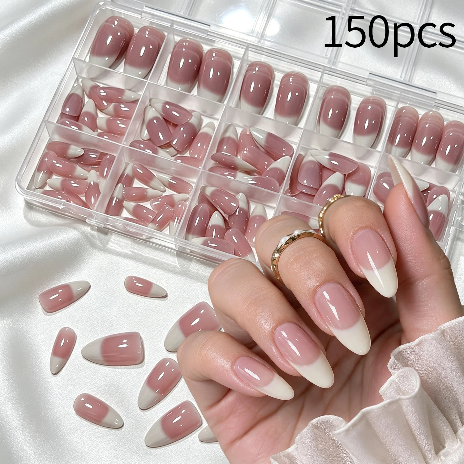 150Pcs Almond Shape French Tip Fake Nails Gloss Nude Pink Gradient Full Cover Press On Nails Ladies Salon Home Handmade Nail Art