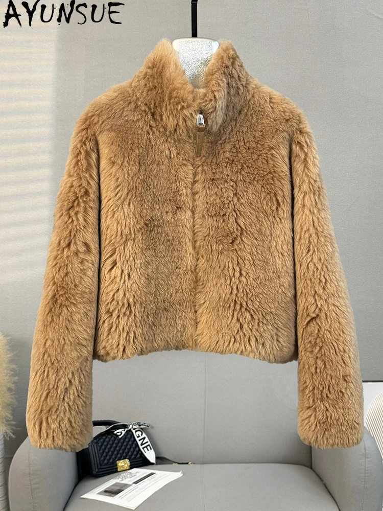 سترة نسائية من الصوف الطبيعي 100% من AYUNSUE بياقة واقفة وسترة من فراء الضأن ملابس نسائية عالية الجودة جديدة في ملابس خارجية كوكفاتا ميخيم
