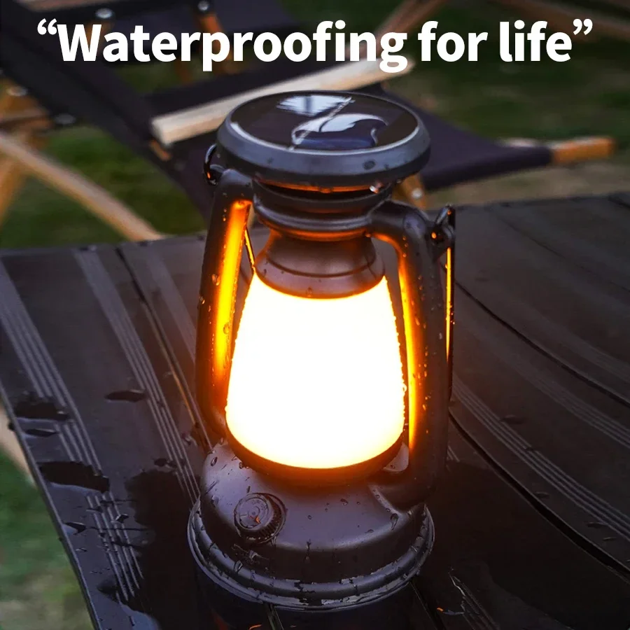 Outdoor Solar Camping Light USB Rechargeable Retro Camping Light Portable Hanging Tent Light 3 Color Dimming Atmosphere Light