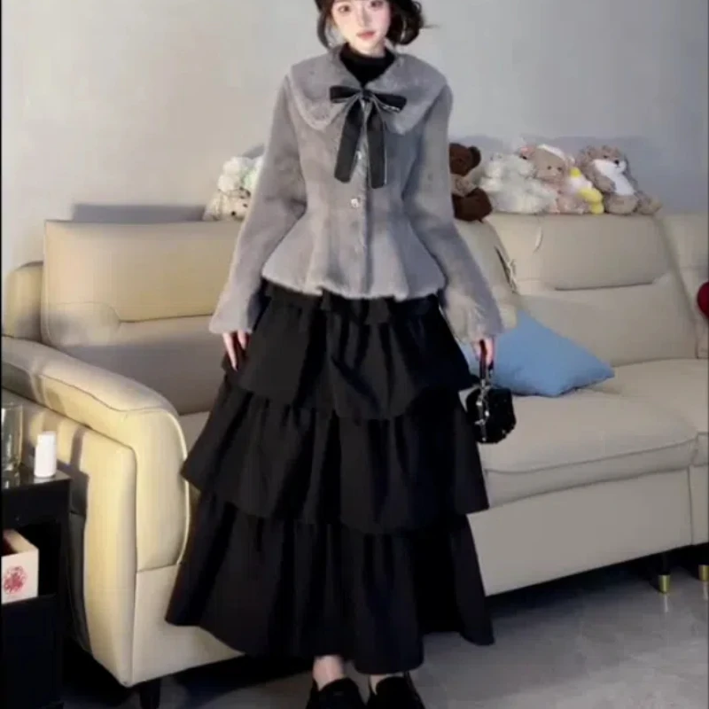 

Winter Japan Fashion Retro Sweet Two Piece Sets Women Lapel Bow Coat + Black Long Skirt New Chic Long Sleeve Party Vintage Suit