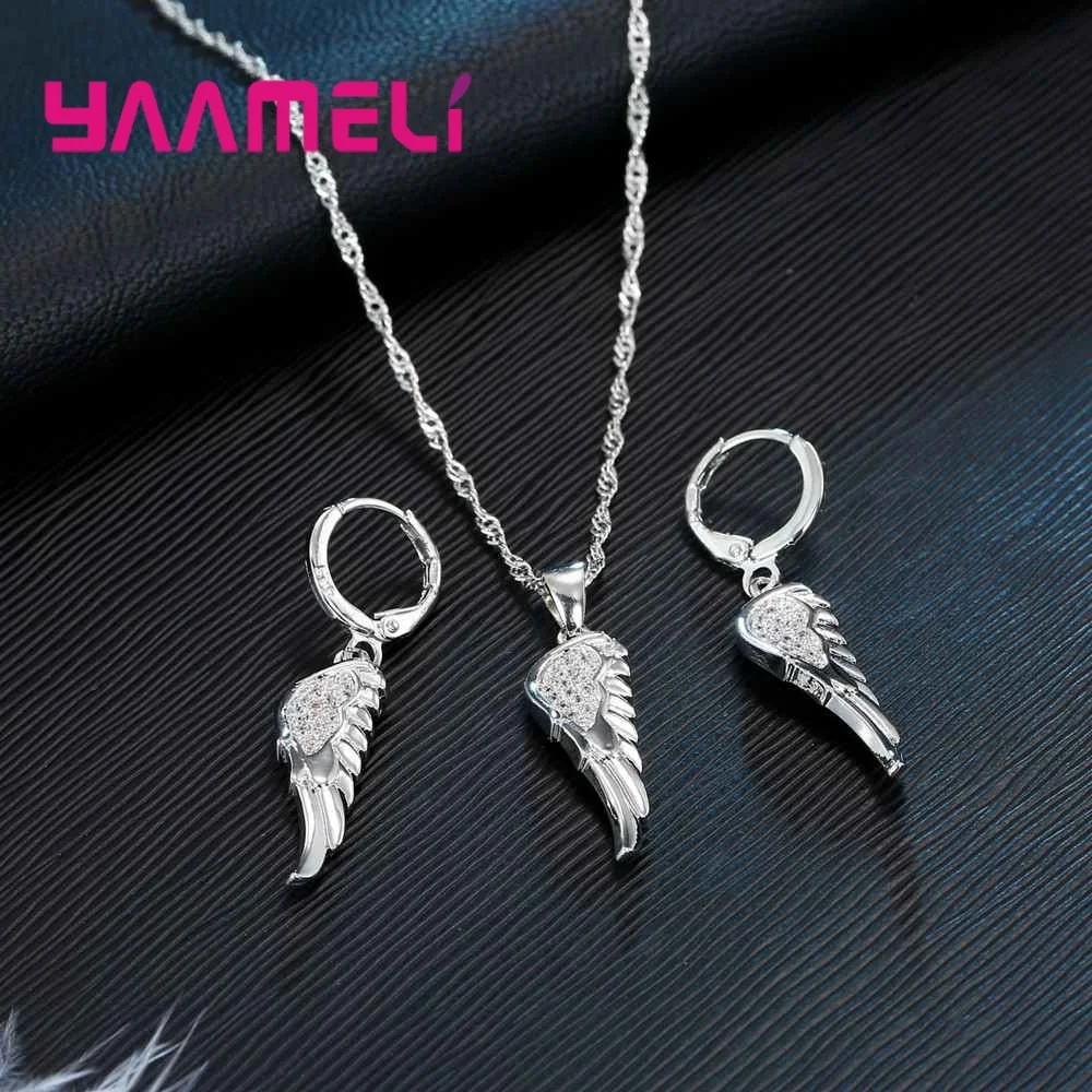 Genuine 925 Sterling Silver Romantic Half-wing Cubic Zircon Jewelry Sets Crystal Necklace Earrings For Your Favorite Women