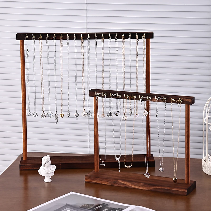 Walnut Wood Color Iron Hook Necklace Display Stand, Jewelry Organizer Rack for Store & Home, Hanging Holder for Necklaces &