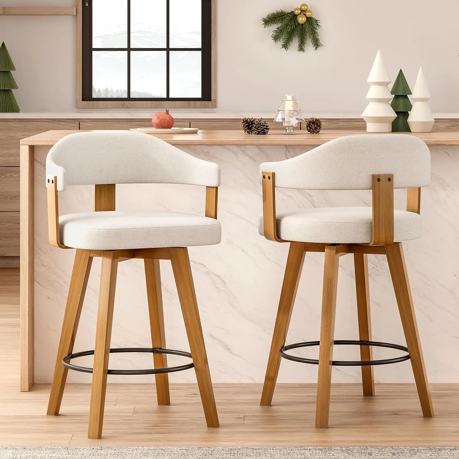 

Swivel Counter Height Bar Stool 26" Curved Back Armrest Linen Wood Kitchen Island Home Bar 2pc Customized