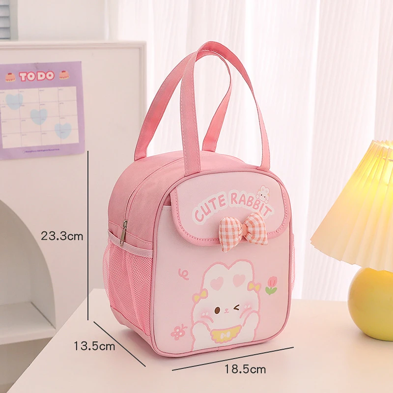 Fiambrera portátil bonita para niños, bolsa de almuerzo con aislamiento térmico de conejito de lazo rosa, contenedor Kawaii, bolsa de almacenamiento de alimentos escolares