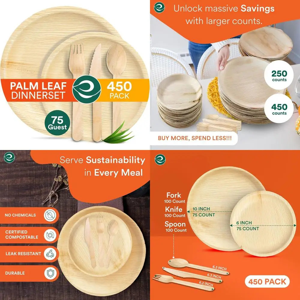 

Набор столовых приборов и столовых приборов Palm Leaf для 75: 10 и 6 тарелок, 100 вилок, ножей, ложок — экологически чистый для мероприятий