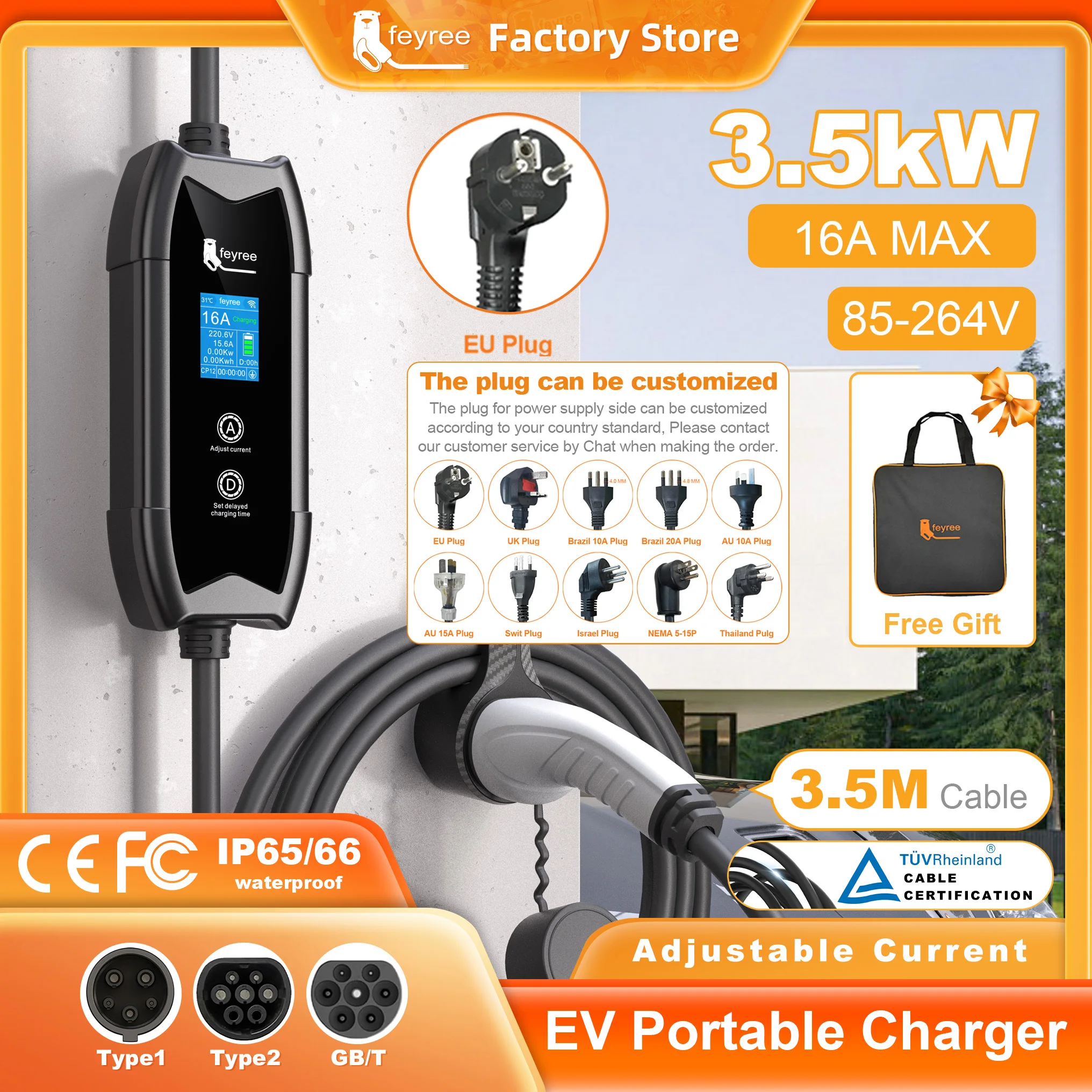 feyree EV Portable Charger Type2 / GB/T Plug Connector 16A 1Phase 3.5KW Type1 3.5m Wallbox Charging Station for Electric Vehicle