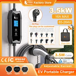 Feyree EV Cargador portátil Type2 / GB/T Conector 16A 1 fase 3.5KW Type1 3.5m Estación de carga Wallbox para vehículo eléctrico