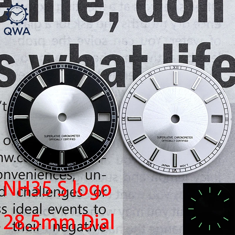 

QWA 28,5 мм NH35 TUXEDO Watch S Dial Records Warch Face Green Luminous Fit NH35/NH36 Аксессуары для часов с автоматическим механизмом
