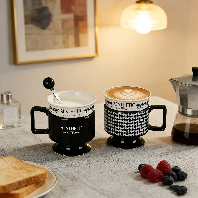 Makeup Cup,Water Cup,Office Coffee Cup,Home Light Luxury French Houndstooth HighFoot Breakfast, Milk Cup,Home Drinking Water Cup