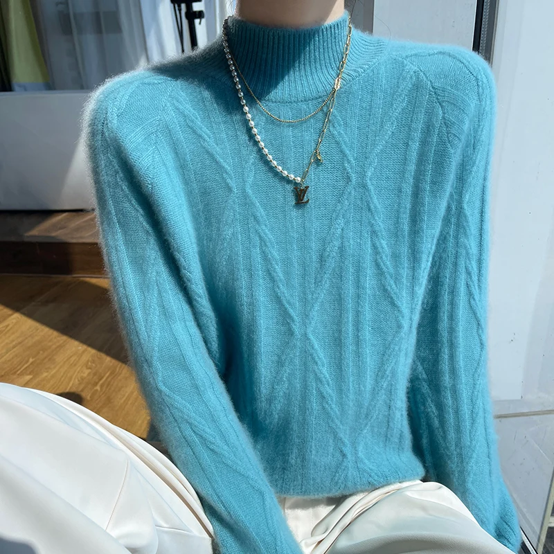 Long-sleeved women\'s sweater in autumn and winter 100% merino wool solid color semi-high collar cashmere knitted pullover top