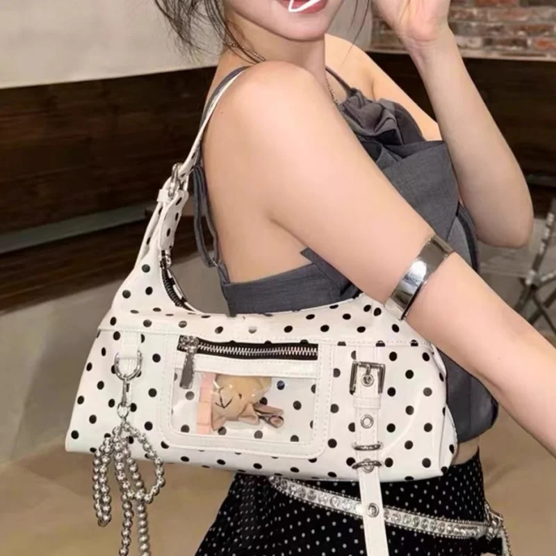 

Retro oil wax leather crossbody bag, contrasting polka dot mini armpit bag, girls' shoulder bag