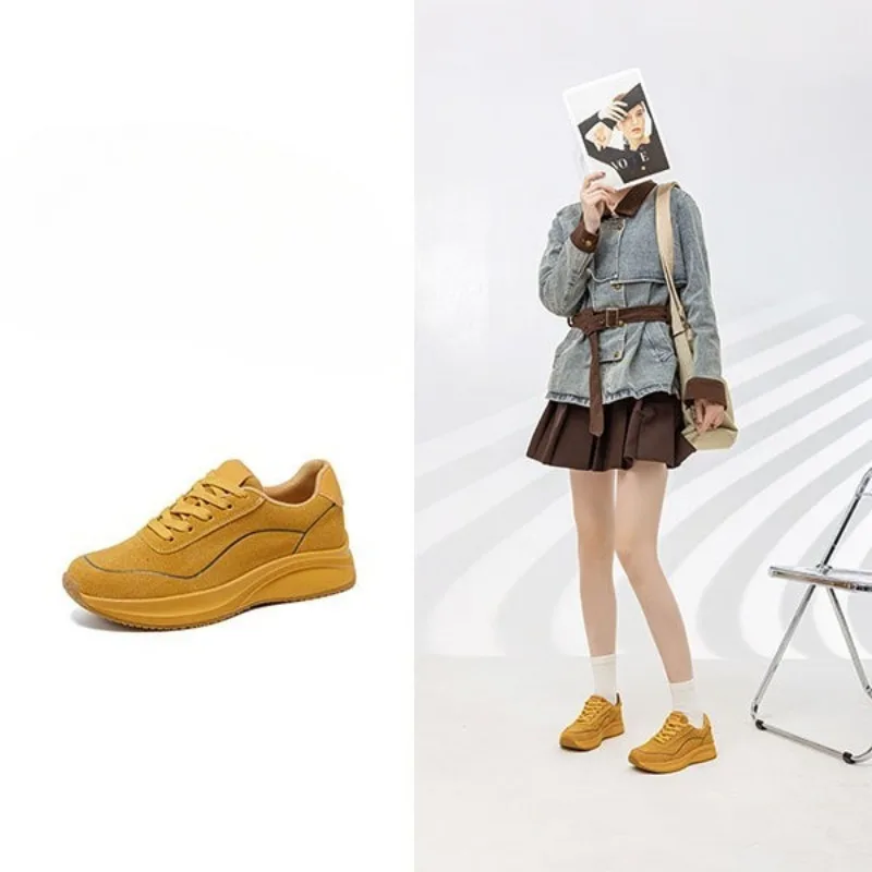 Platform Casual Shoes Women's Leather Spring and Autumn New Popular Yellow Forrest Gump Non-slip Board Sneakers