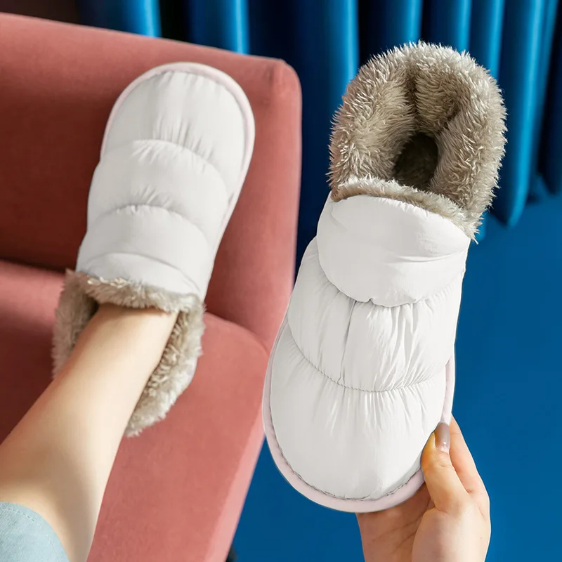 WDZKN Fashion Women Home Cotton Shoes Winter Warm Plush Slip On Slippers Waterproof Down Soft Bottom Indoor Couple Outside Shoes