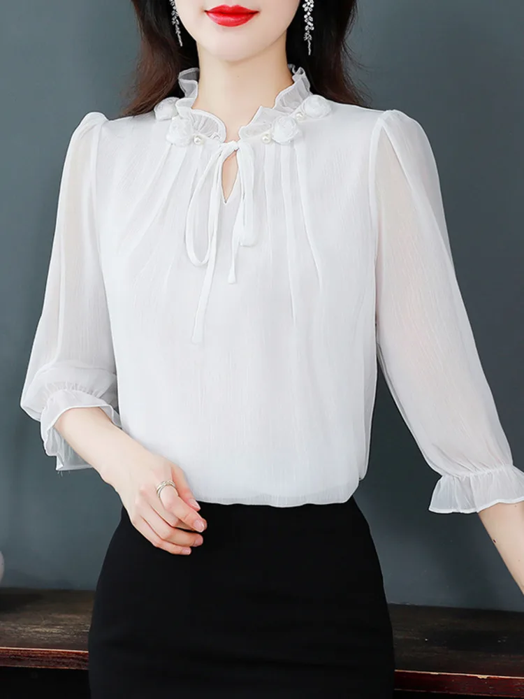 #2517 Pink White Green Chiffon Blouse Women Ruffled Collar Thin Vintage Sexy Womens Tops And Blouses Three Quarter Sleeve Summer