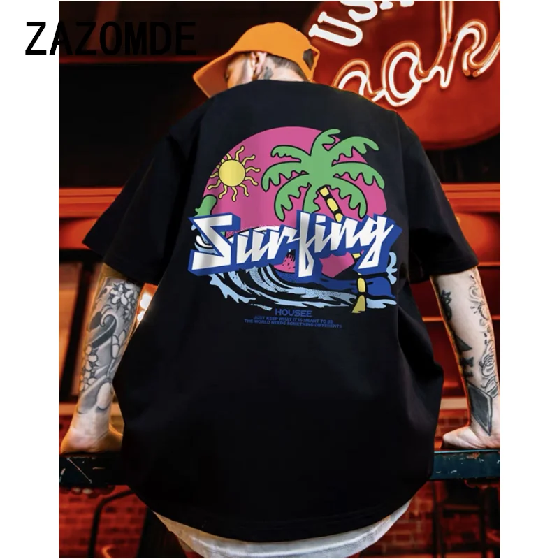 ZAZOMDE Summer 100% Cotton Men's T Shirts Coconut Tree Waves Print T-Shirts Oversized Casual Tee Unisex Short Sleeve Y2K Clothes