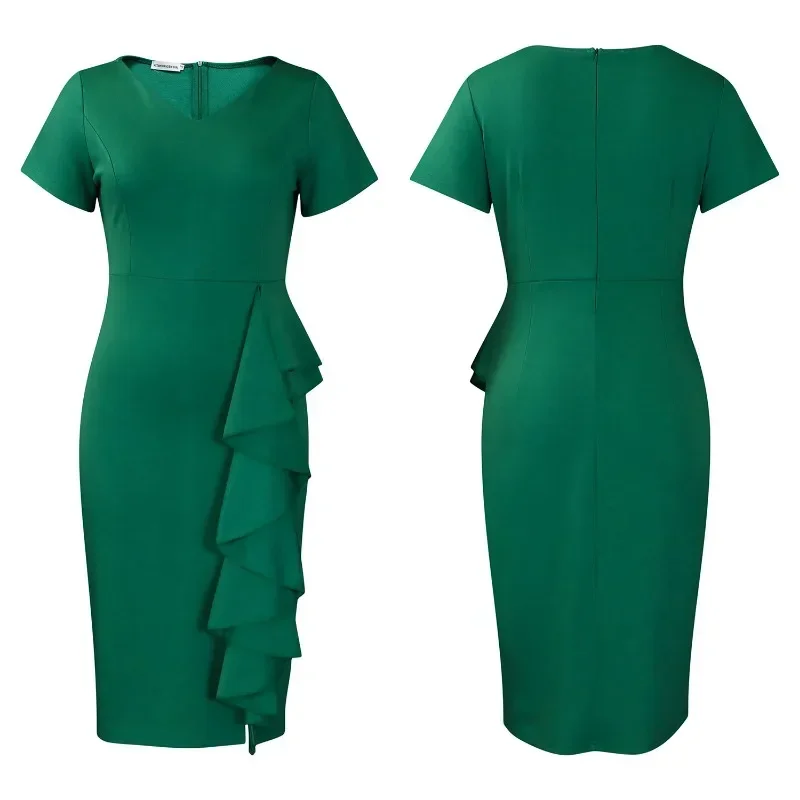 Vestidos elegantes de igreja para mulheres, bodycon V Neck, babados, mangas curtas, magros, elegantes, senhoras do escritório, desgaste do trabalho, africano, vestidos