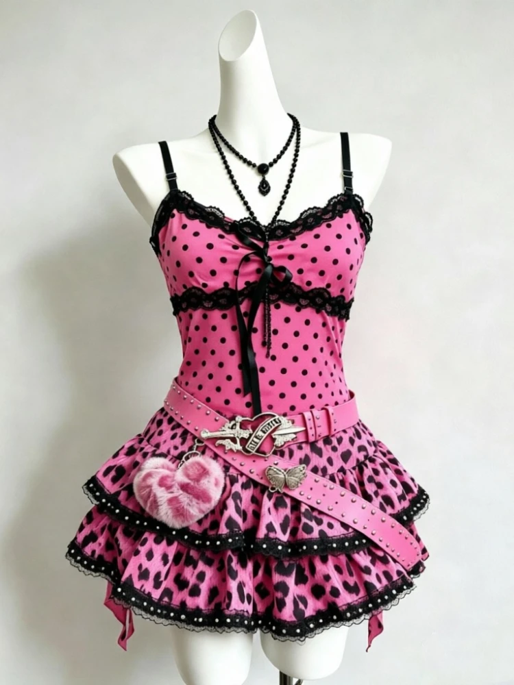 2000s American Vintage Sexy Matching Sets Y2k Harajuku Hot Girl Slim Tank Suits Polka Dot Camis + Leopard Mini Skirts Kawaii Set
