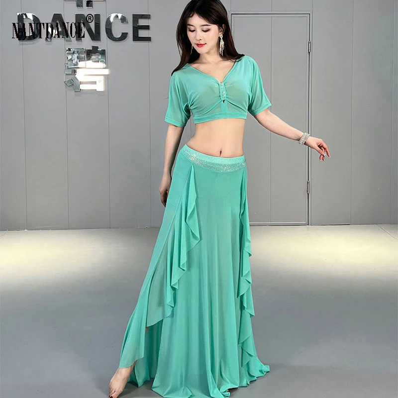 Belly Dance ชุดสลิงด้านบนปิดไหล่แขนแยกกระโปรงฝึกเสื้อผ้าผู้ใหญ่ Oriental ผู้หญิงเต้นรําเสื้อผ้า