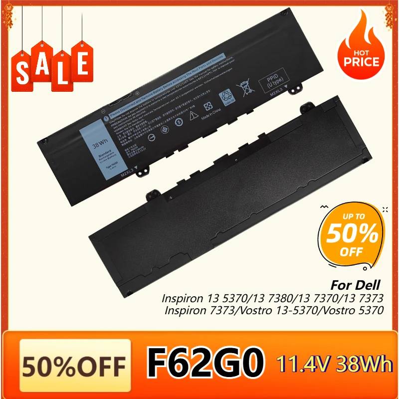 F62G0 Laptop Battery for Dell Inspiron 13 7373 7386 2 in 1 5370 7370 7380 P83G P87G Vostro 5370 39DY5 RPJC3 Bateria 11.4V 38Wh