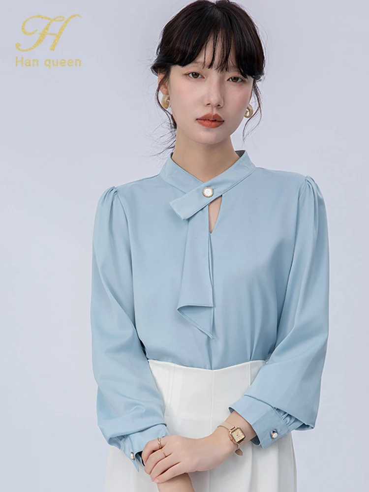 

H Han Queen Korean Satin Woman Clothing Loose Casual Chiffon Vintage Shirts Simple Basic Office Tops Elegant Long Sleeve Blouse