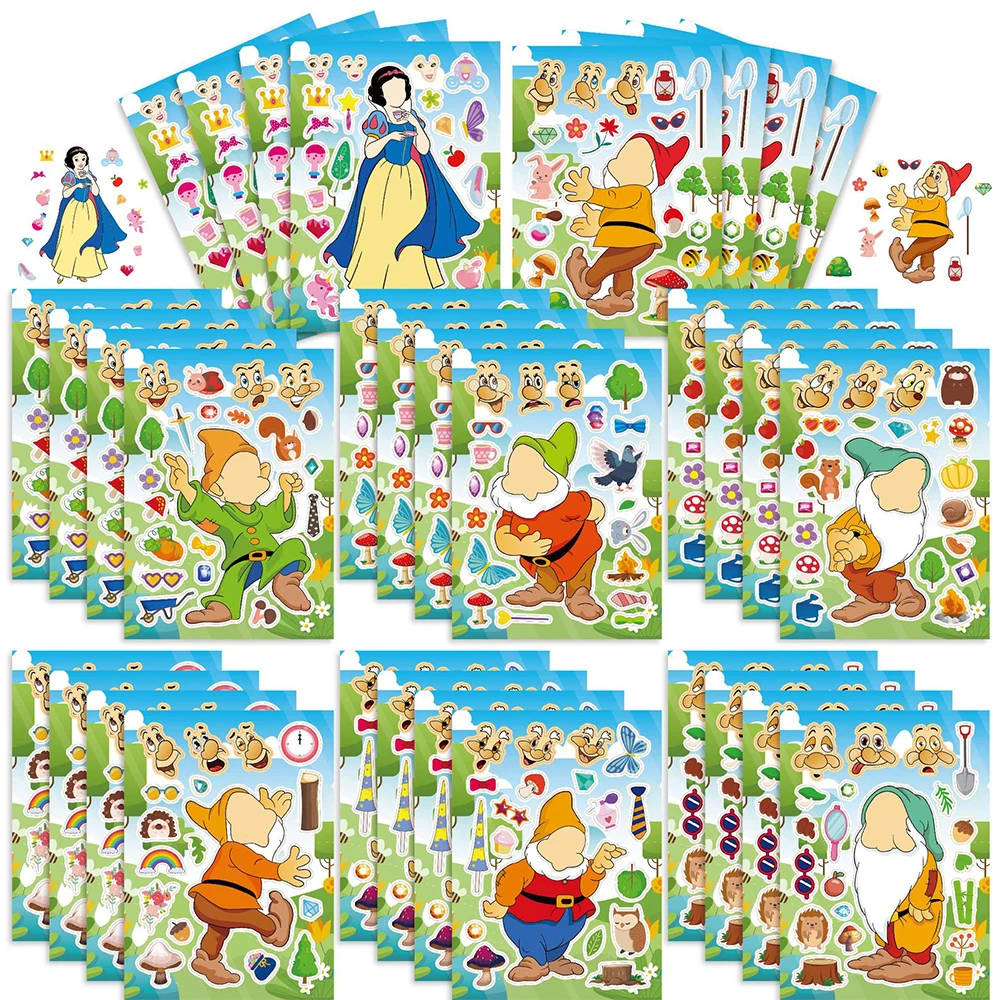 

8/16Sheets Disney Snow White and the Seven Dwarfs Make A Face Puzzle Stickers Kids Make Your Own Children Jigsaw Education Toys