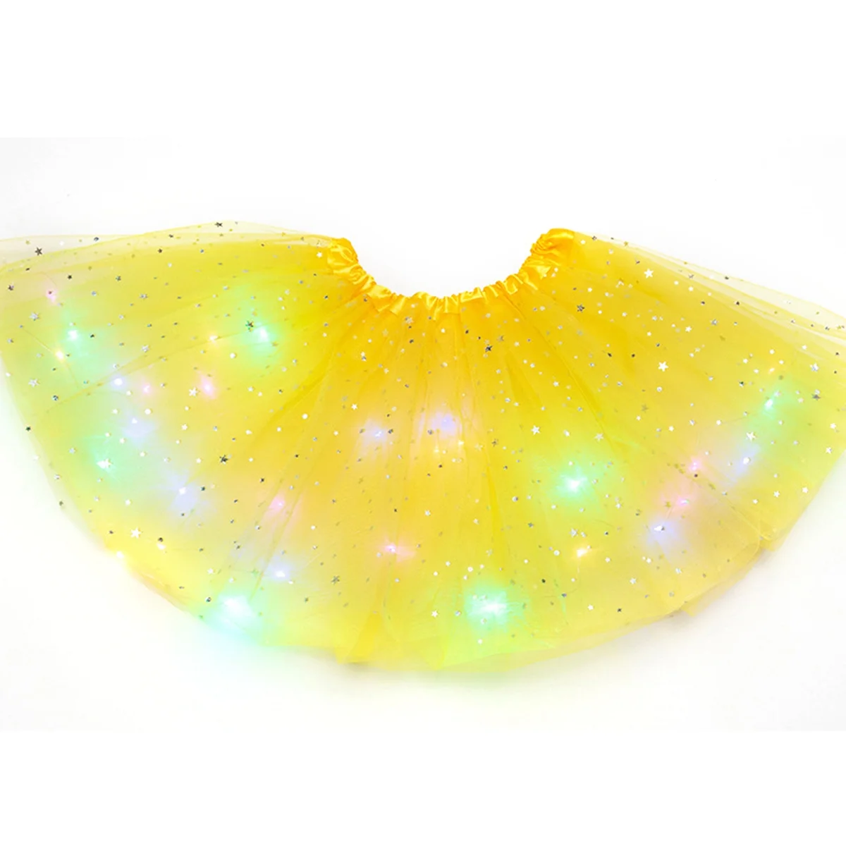 Estrelas Tutu Lantejoula Feminina com Luzes LED, Vestido Colorido para Dança, Saias Tutu, Amarelo