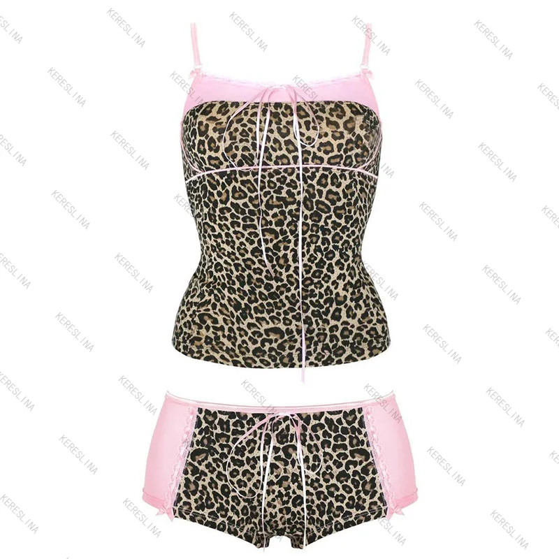 

Millennium hot girl Sexy retro leopard print lace lace-up Halter top+Mini shorts Summer high street fashion aesthetic streetwear