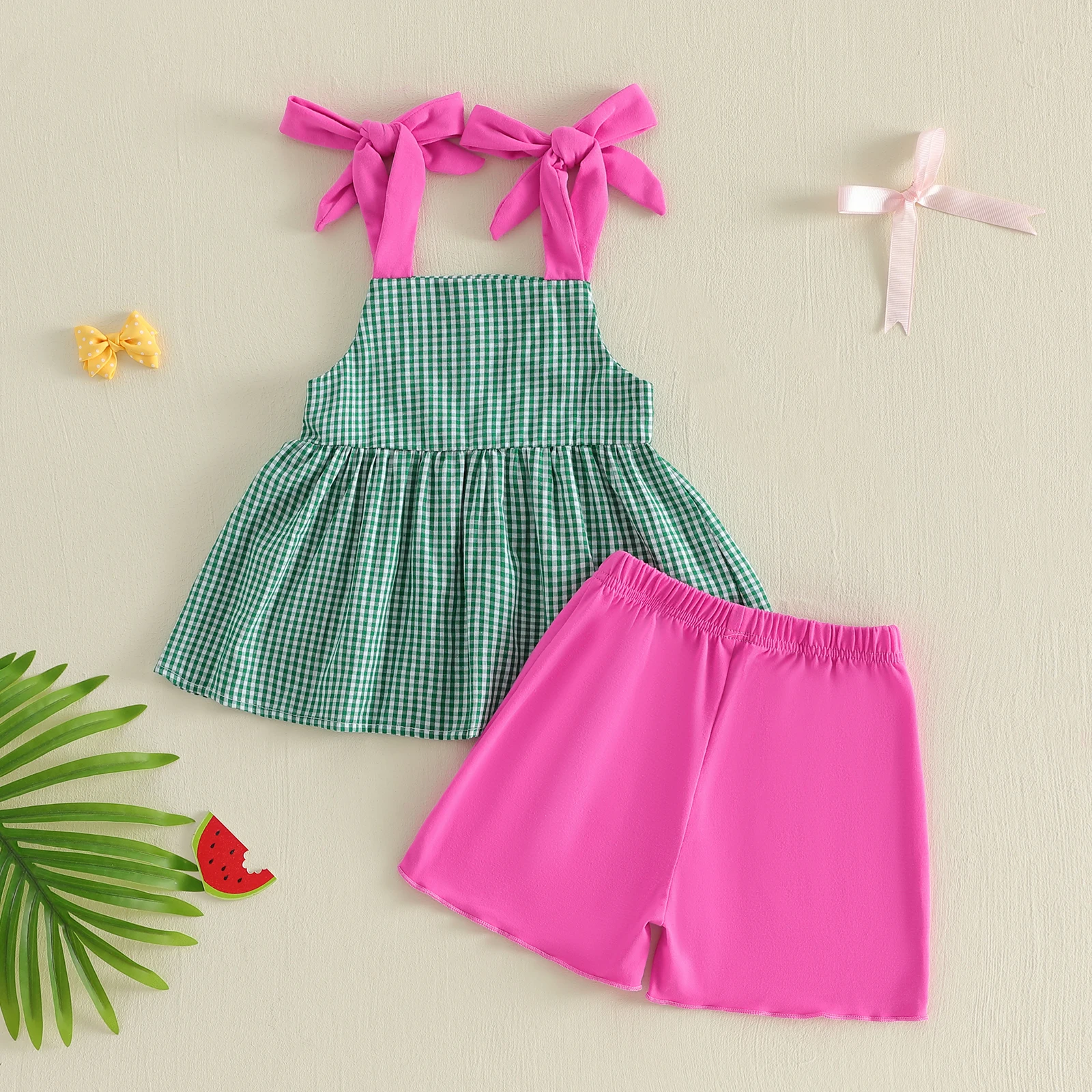 Toddler Baby Girl Summer Outfit Fashion Plaid Sleeveless Tie Shoulder Watermelon Embroidered Tank Tops and Solid Shorts 2pcs Set