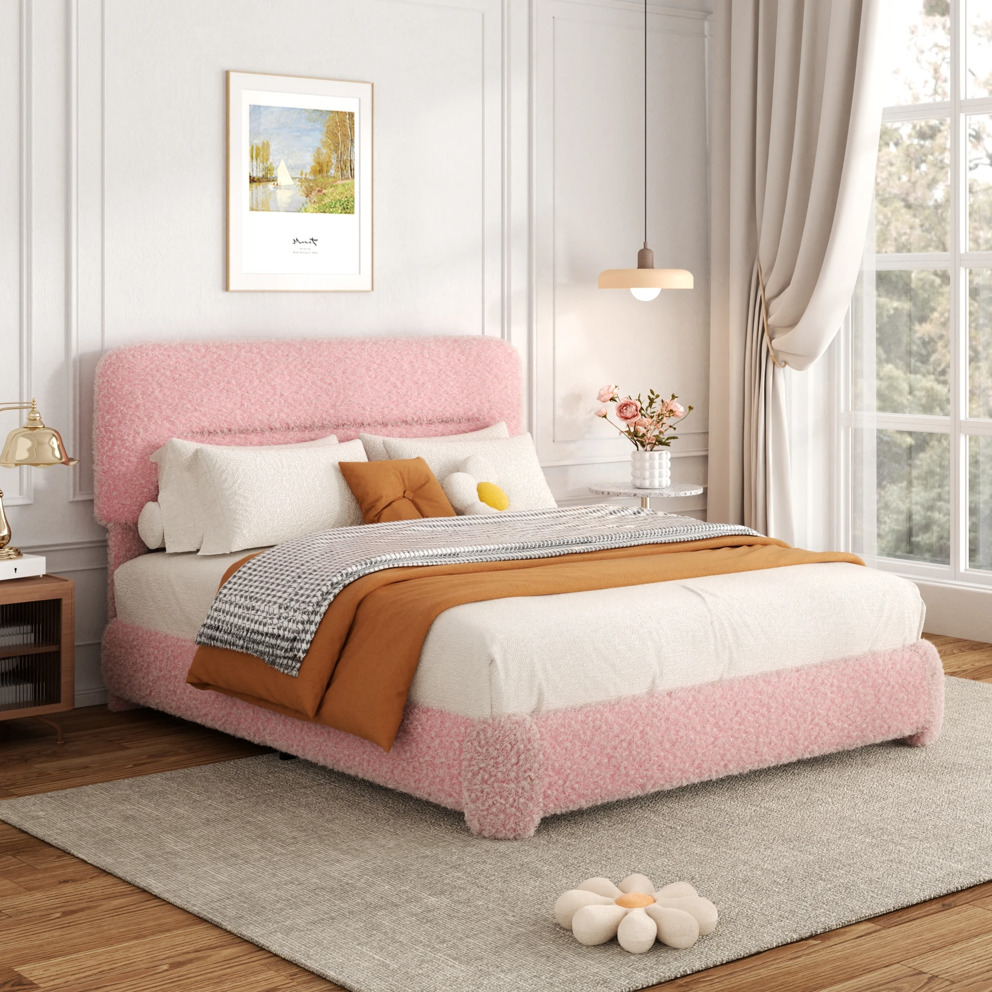 Full Size Cloud Bed Frame, Boucle Bed with Adjustable Headboard, Soft Rounded Corner Guards, Silent Design, Easy to Assemble, Pink