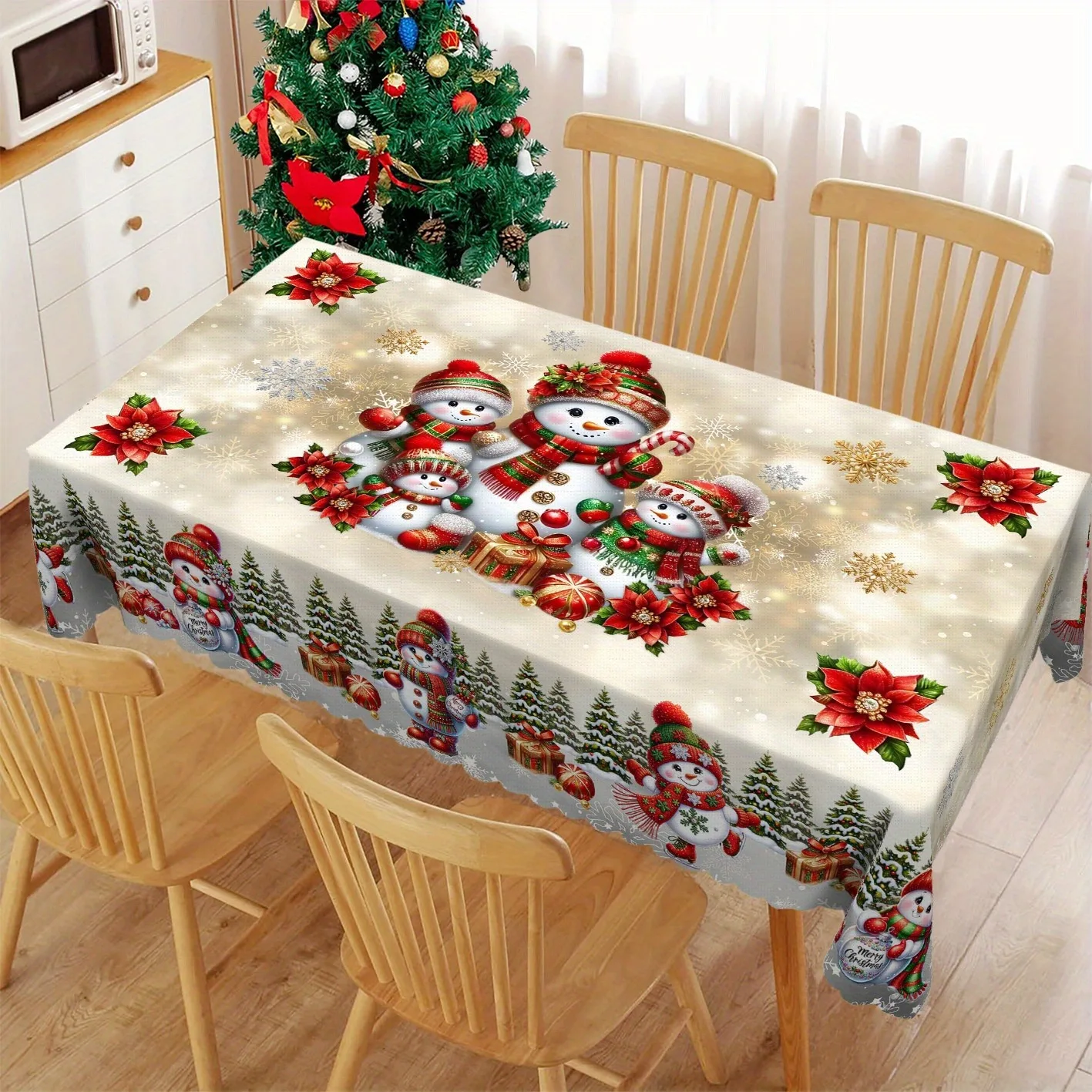 1pc 1 piece Christmas-themed tablecloth, featuring a design of a Christmas snowman and a Christmas tree with fuchsia flowerszyc