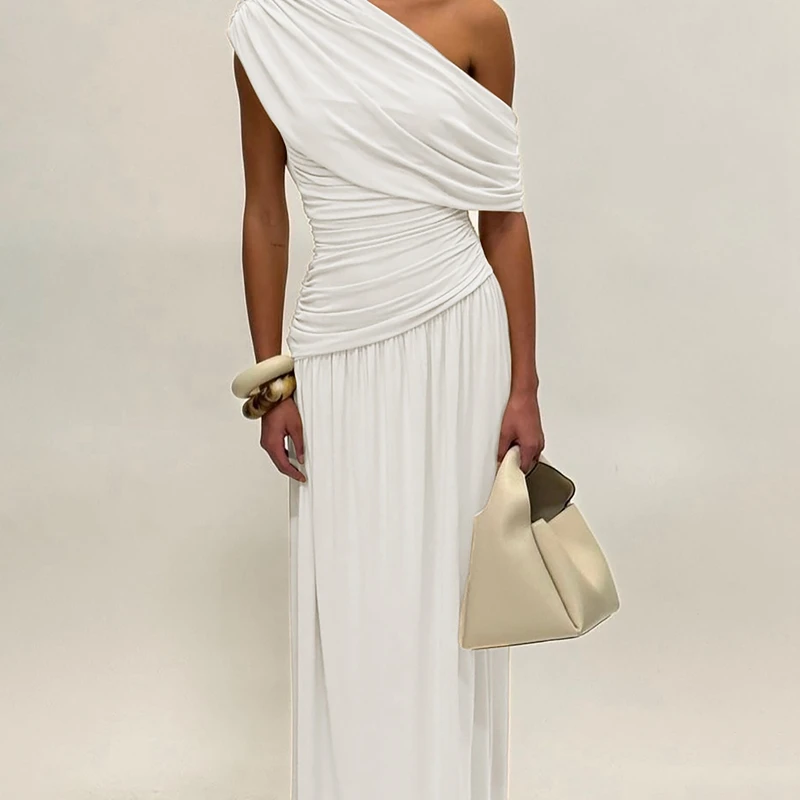 Hugcitar One Shoulder Ruched Sleeveless Solid Pleated Sexy Irregular Y2K Maxi Dress Summer Elegant Party Women Clothes Vacation
